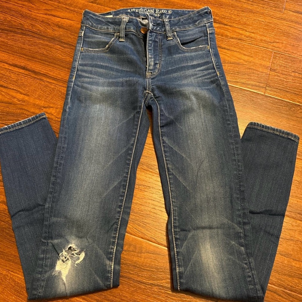 American Eagle Outfitters Blue Skinny Jeans with Distressed Details